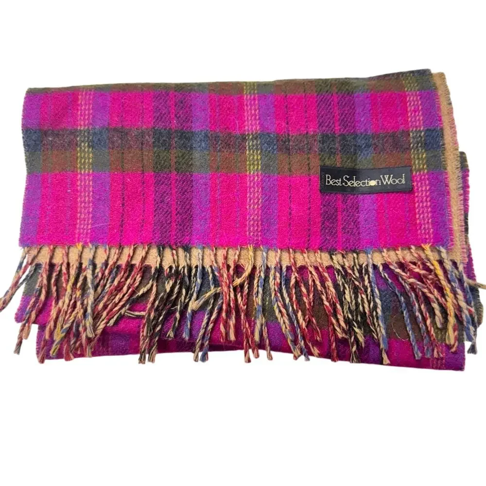 Moonbat 100% Wool Pink Brown Plaid Fringe Scarf Womens Accessories Casual